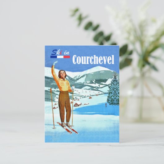 Ski in Courchevel, vrouw op ski, Frankrijk Briefkaart (Staand voorkant)