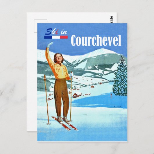 Ski in Courchevel, vrouw op ski, Frankrijk Briefkaart (Voorkant / Achterkant)