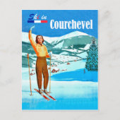 Ski in Courchevel, vrouw op ski, Frankrijk Briefkaart (Voorkant)