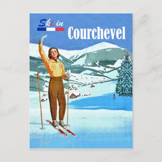 Ski in Courchevel, vrouw op ski, Frankrijk Briefkaart (Voorkant)