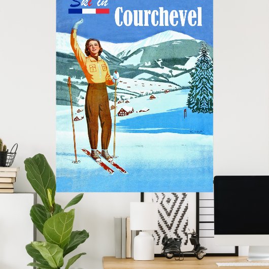 Ski in Courchevel, vrouw op ski, Frankrijk Poster (Thuiskantoor)