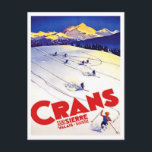 Ski in Crans hill, Zwitserland, vintage-reis Briefkaart<br><div class="desc">Ideaal afbeelding voor uw nieuwe afdrukontwerp. Het kan een mooi cadeau of een "finale aanraking" zijn om thuis te versieren.</div>