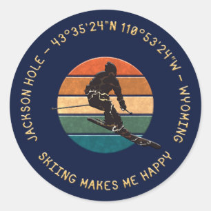 Ski Jackson Hole, Wyoming - Man Skier, Golden Text Ronde Sticker