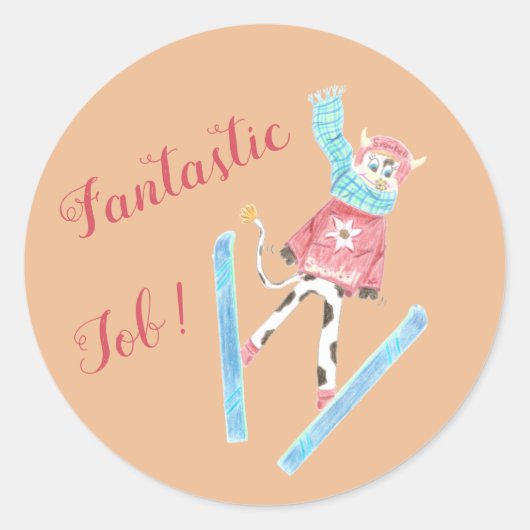 Ski jumping koe, fantastische baan - Beloon Sticke Ronde Sticker (Voorkant)