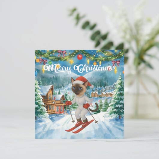 Ski Kerstmis voor Cat Santa Claus Siamese Cat fan Feestdagenkaart (Staand voorkant)