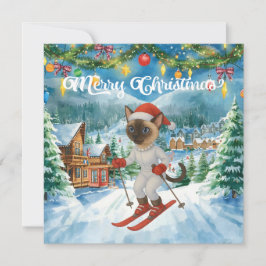 Ski Kerstmis voor Cat Santa Claus Siamese Cat fan Feestdagenkaart