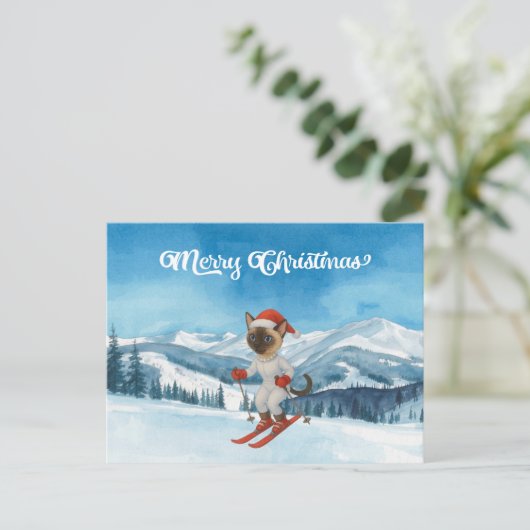 Ski Kerstmis voor Cat Santa Claus Siamese Cat fan Feestdagenkaart (Staand voorkant)