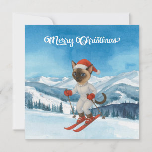 Ski Kerstmis voor Cat Santa Claus Siamese Cat fan Feestdagenkaart