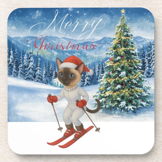 Ski Kerstmis voor Santa Siamese Cat Lovers Snowy Bier Onderzetter (Voorkant)