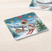 Ski Kerstmis voor Santa Siamese Cat Lovers Snowy Kartonnen Onderzetters (Schuin)