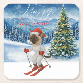 Ski Kerstmis voor Santa Siamese Cat Lovers Snowy Kartonnen Onderzetters