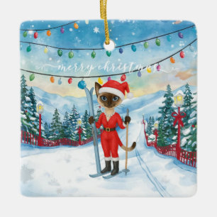 Ski Kerstmis voor Santa Siamese Cat Lovers Snowy Keramisch Ornament