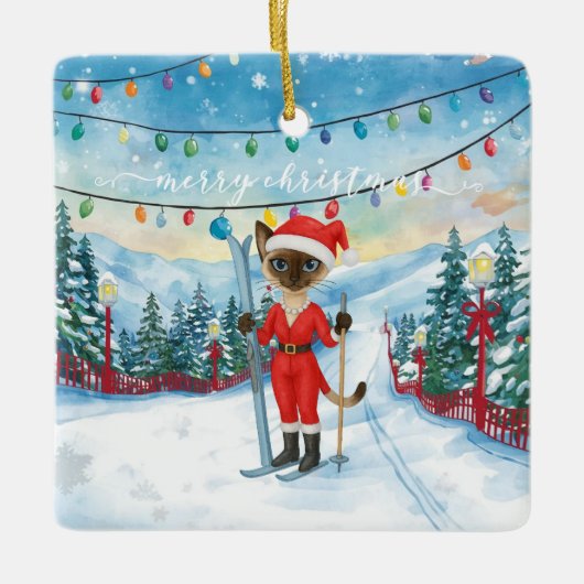 Ski Kerstmis voor Santa Siamese Cat Lovers Snowy Keramisch Ornament (Voorkant)
