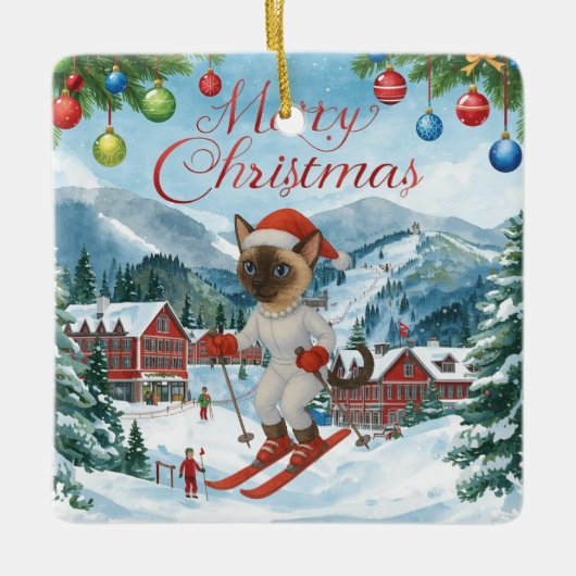 Ski Kerstmis voor Santa Siamese Cat Lovers Snowy Keramisch Ornament (Voorkant)