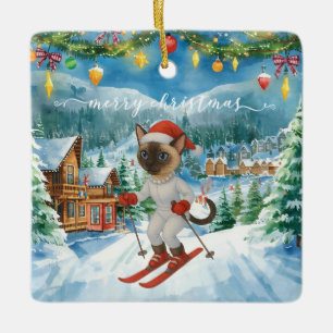 Ski Kerstmis voor Siamese Kat Liefhebbers Besneeuw Keramisch Ornament