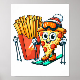 Ski-les voor kinderen pizza friet skiën poster