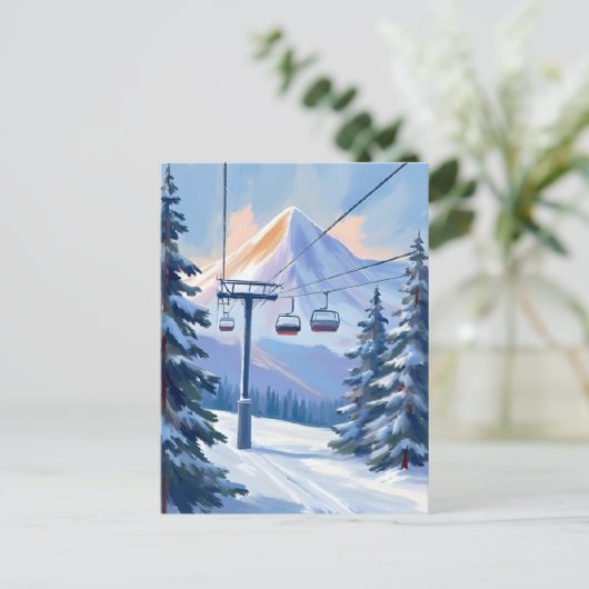 Ski Lift | Mountain Winter Watercolor Skiing Briefkaart (Staand voorkant)