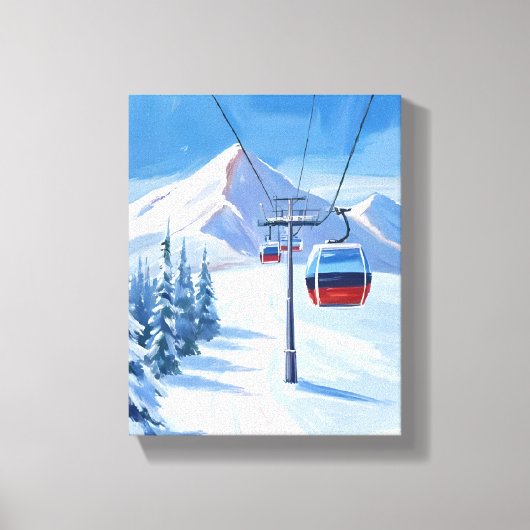 Ski Lift | Sneeuwberg Gondola Waterverf Canvas Afdruk (Voorkant)