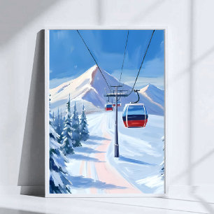 Ski Lift   Sneeuwberg Gondola Waterverf Poster