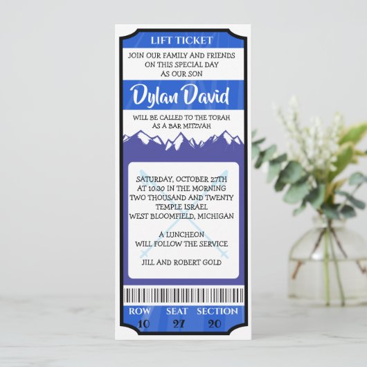 SKI LIFT TICKET Bar Bat Mitzvah Uitnodiging (Staand voorkant)