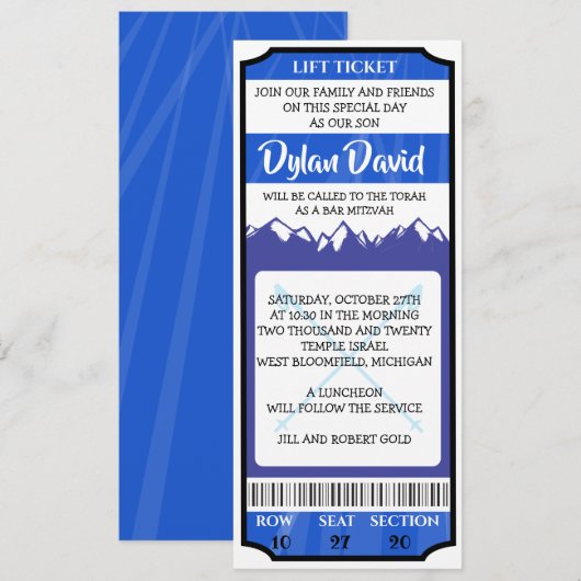 SKI LIFT TICKET Bar Bat Mitzvah Uitnodiging (Voorkant / Achterkant)