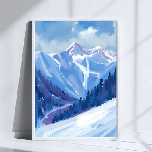 Ski Mountain | Blue Watercolor Mountain Range Poster