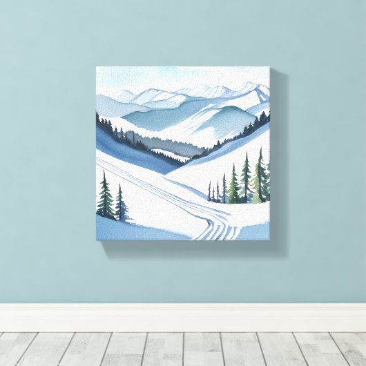 Ski Mountain Waterverf Canvas Afdruk (Insitu (Houten vloer))