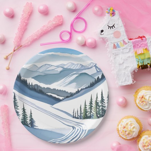 Ski Mountain Waterverf Papieren Bordje (Feest)