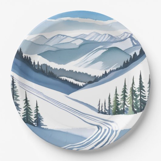 Ski Mountain Waterverf Papieren Bordje (Voorkant)