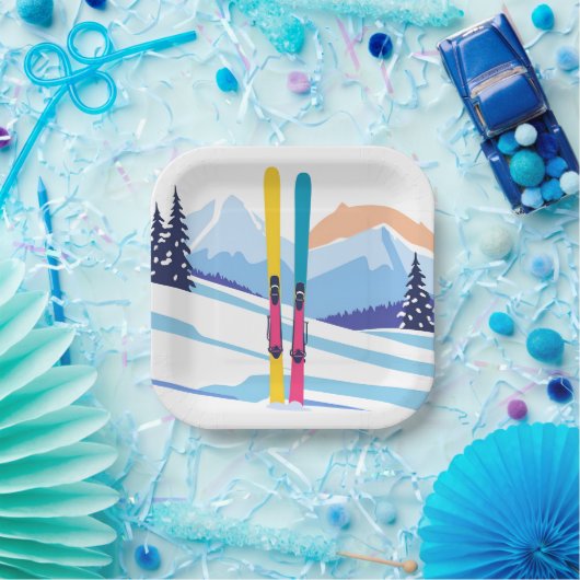 Ski Mountain Waterverf Winter Papieren Bordje (Feest)