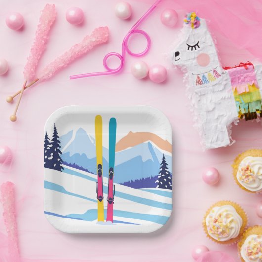 Ski Mountain Waterverf Winter Papieren Bordje (Feest)