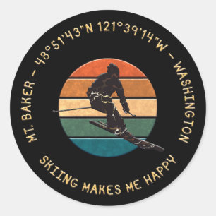Ski Mt. Baker, Man - Geel Tekst Ronde Sticker