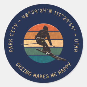 Ski Park City, Utah - Man Skiër Golden Tekst Ronde Sticker