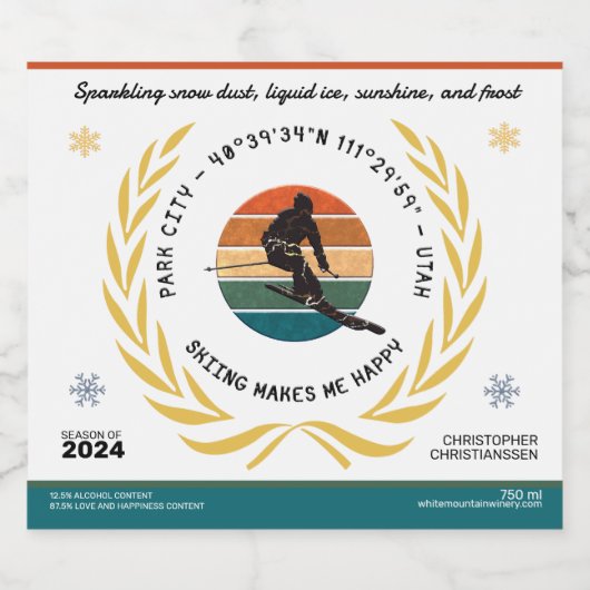 Ski Park City, Utah - Man skiër, zwart Tekst Sparkling Wijnetiket (Enkel label)