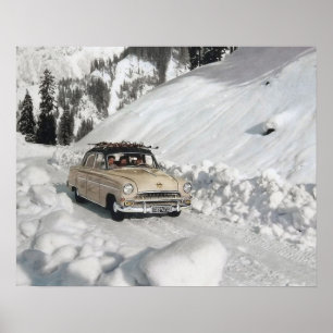  ski-poster, auto naar de piste poster
