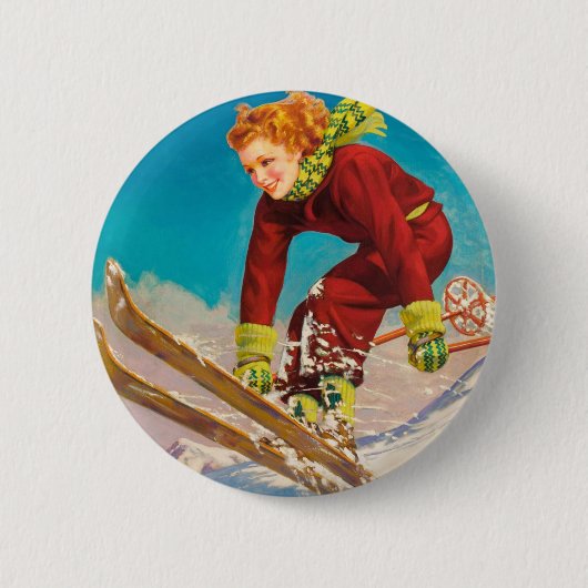  ski-poster, dame skicjumper ronde button 5,7 cm (Voorkant)