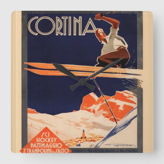  Ski Poster, Ski Cortina, Italië Vierkante Klok (Voorkant)