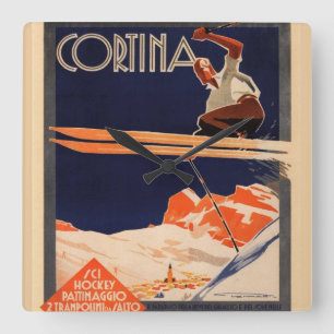  Ski Poster, Ski Cortina, Italië Vierkante Klok