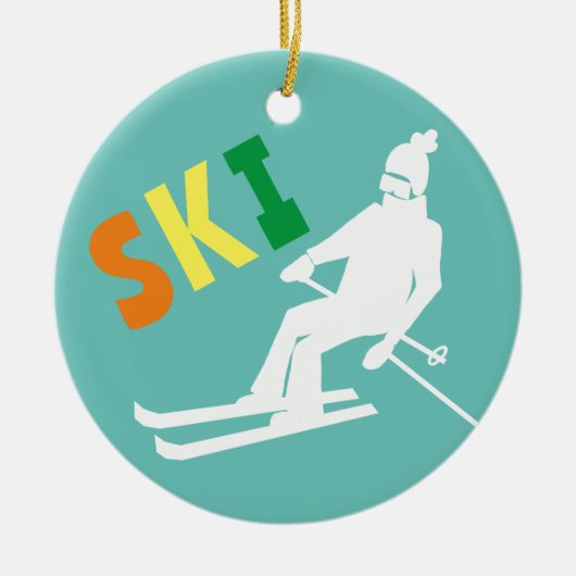 Ski Retro Skier Winter Blauwgroen White Keramisch Ornament (Voorkant)