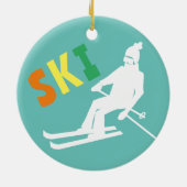 Ski Retro Skier Winter Blauwgroen White Keramisch Ornament (Achterkant)