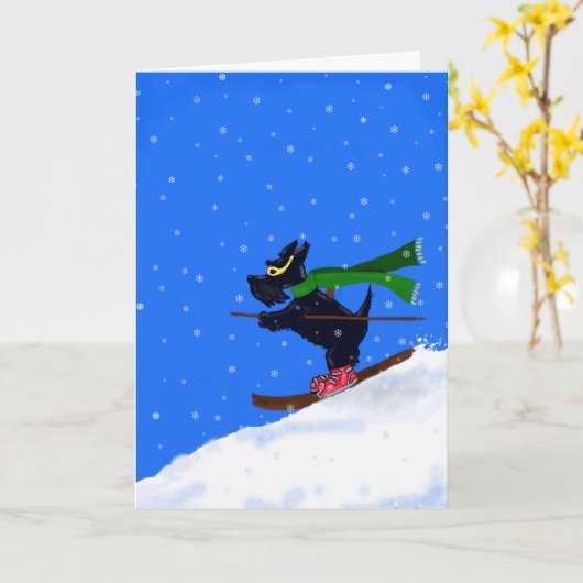 Ski Scottie Merry Kerstmis Kaart (Gele Bloem)