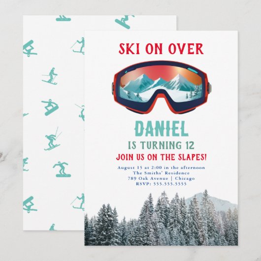 Ski Snowboard Verjaardag uitnodiging (Voorkant / Achterkant)