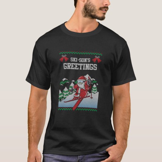 Ski Sons Greetings Santa Claus Skiing Ugly Christm T-shirt (Voorkant)