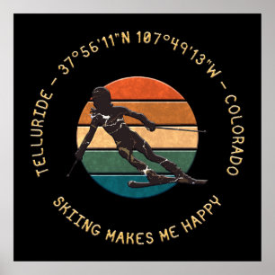 Ski Telluride, Colorado - Vrouw skiër, gele tekst Poster