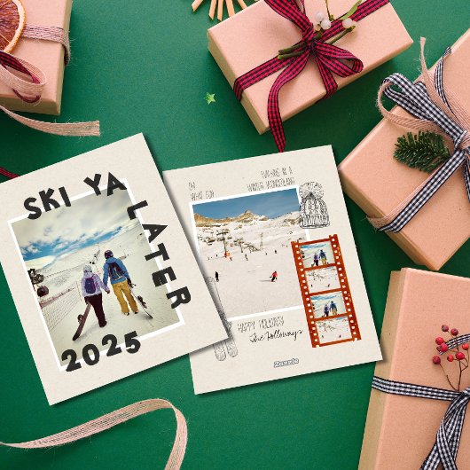 Ski Thema Unieke Winter Kerstfoto Feestdagenkaart