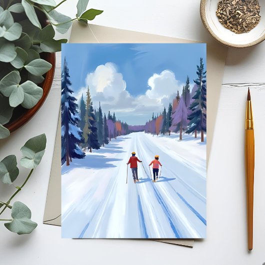 Ski Trail | Mountain Skiing Watercolor Winter Briefkaart