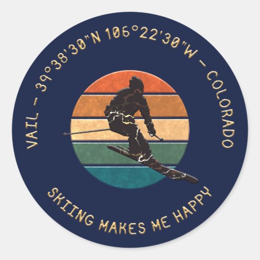 Ski Vail, Colorado - Man Skiër Gouden Tekst Ronde Sticker (Voorkant)