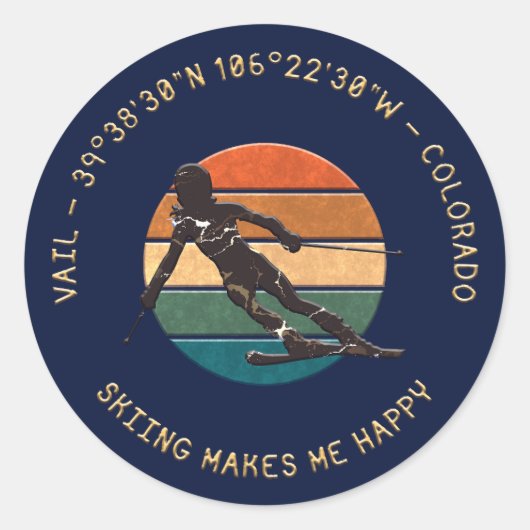 Ski Vail, Colorado - Vrouw skiër, gouden tekst Ronde Sticker (Voorkant)