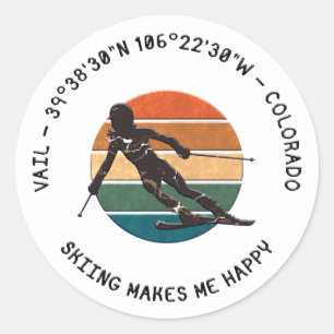 Ski Vail, Colorado - Vrouw skiër, zwarte tekst Ronde Sticker