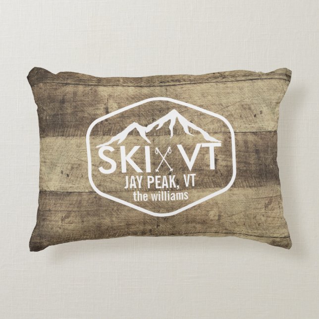 Ski Vermont Rustic Jay Peak Stowe Killington Wood Accent Kussen (Voorkant)